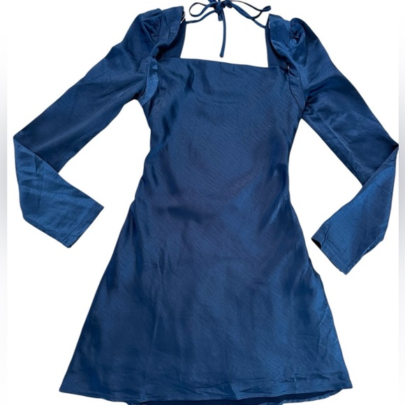 Lulus Adoring Charm Dark Blue Satin Long Sleeve Backless Mini Dress Size S NWT - Picture 7 of 17